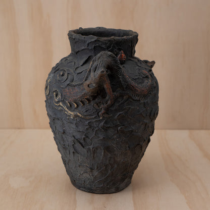 Vintage Japanese Terracotta Chunky Relief Dragon Jar Vase