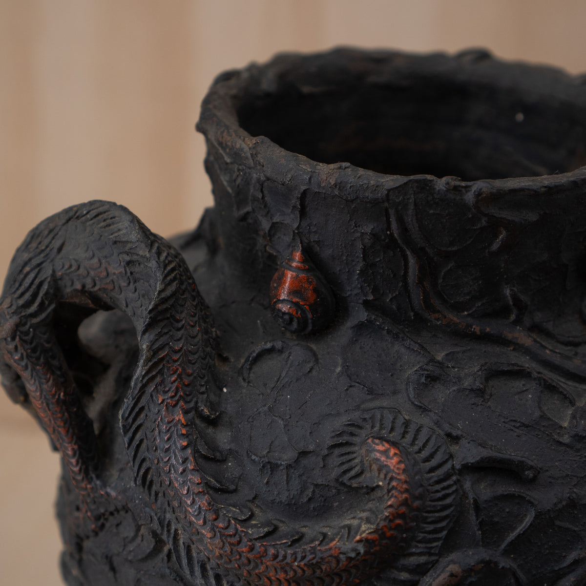 Vintage Japanese Terracotta Chunky Relief Dragon Jar Vase
