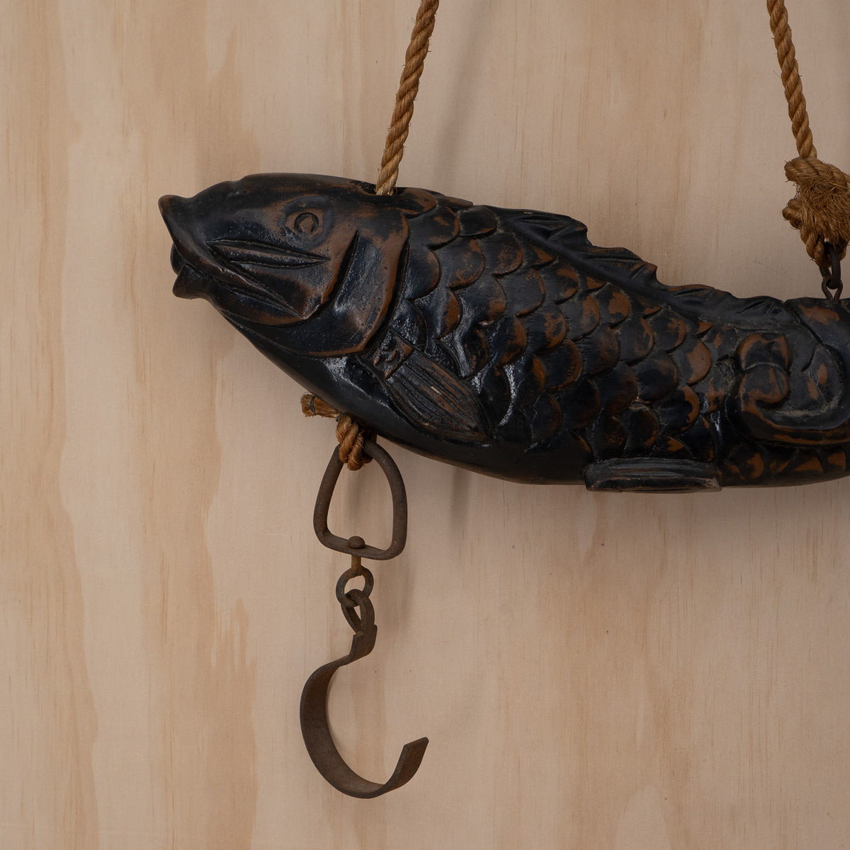 Antique Japanese Jizai Kagi Carved wooden Koi Fish Pot Hook