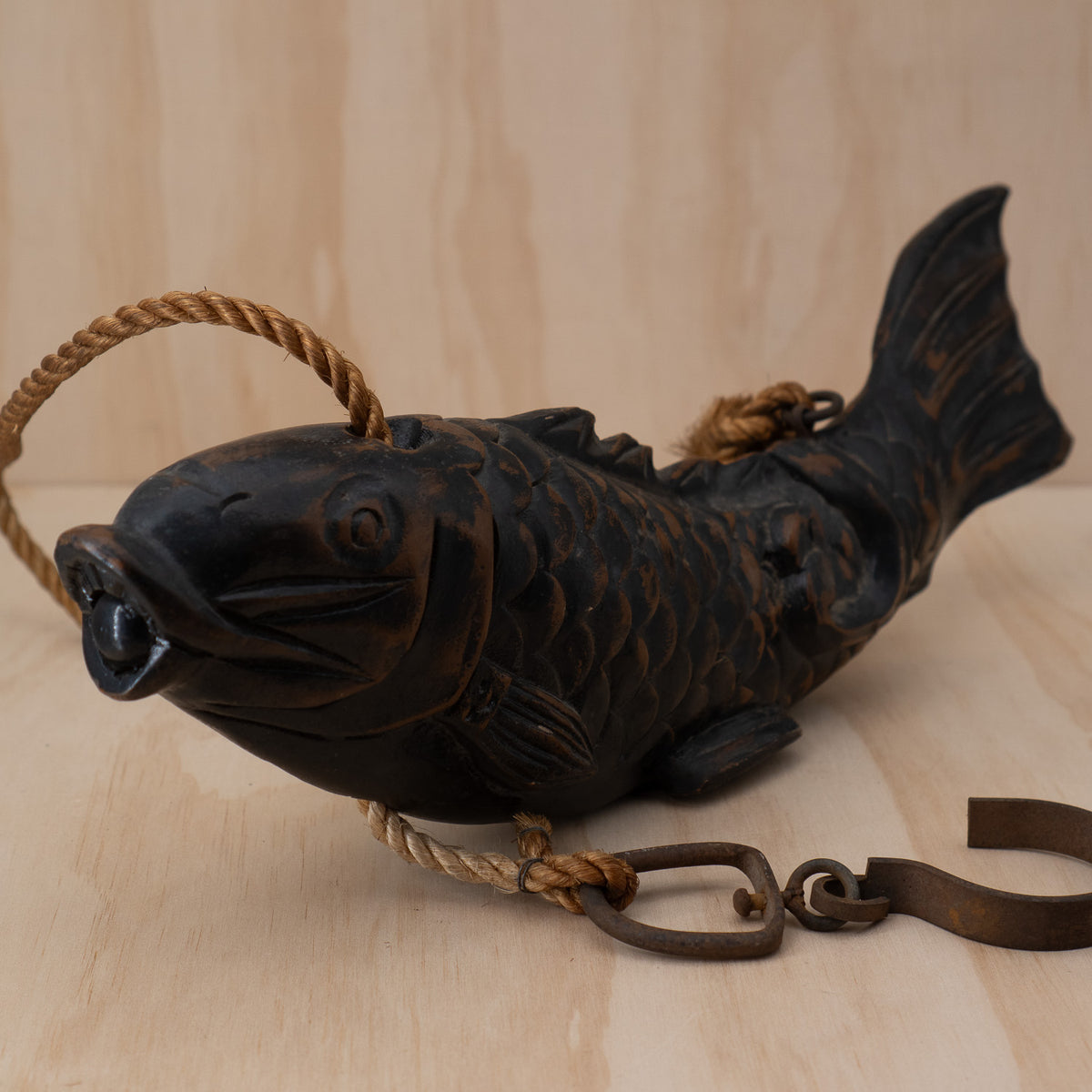 Antique Japanese Jizai Kagi Carved wooden Koi Fish Pot Hook
