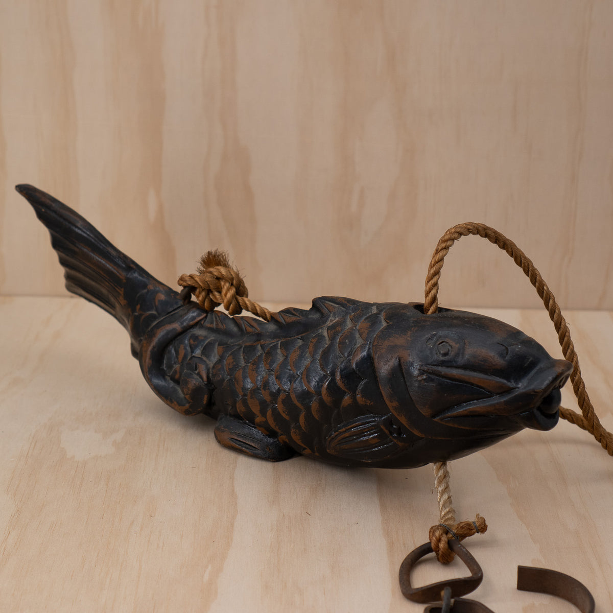 Antique Japanese Jizai Kagi Carved wooden Koi Fish Pot Hook