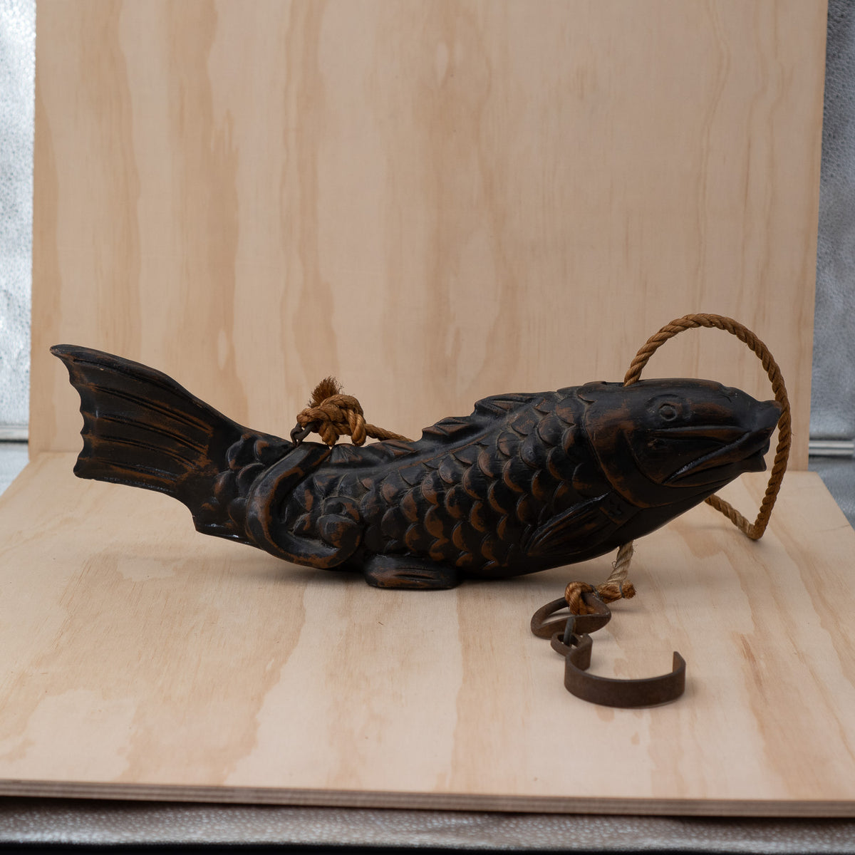 Antique Japanese Jizai Kagi Carved wooden Koi Fish Pot Hook