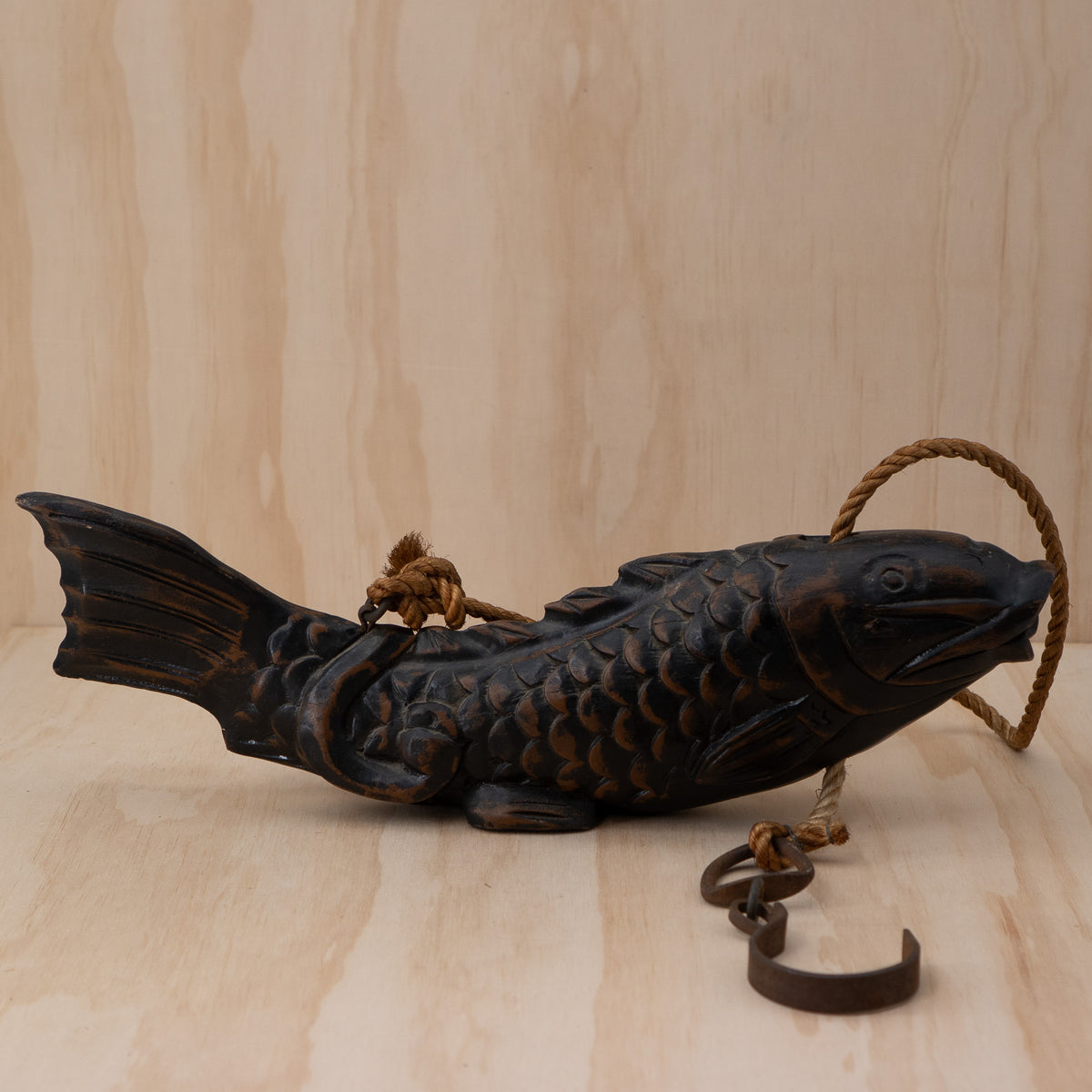 Antique Japanese Jizai Kagi Carved wooden Koi Fish Pot Hook