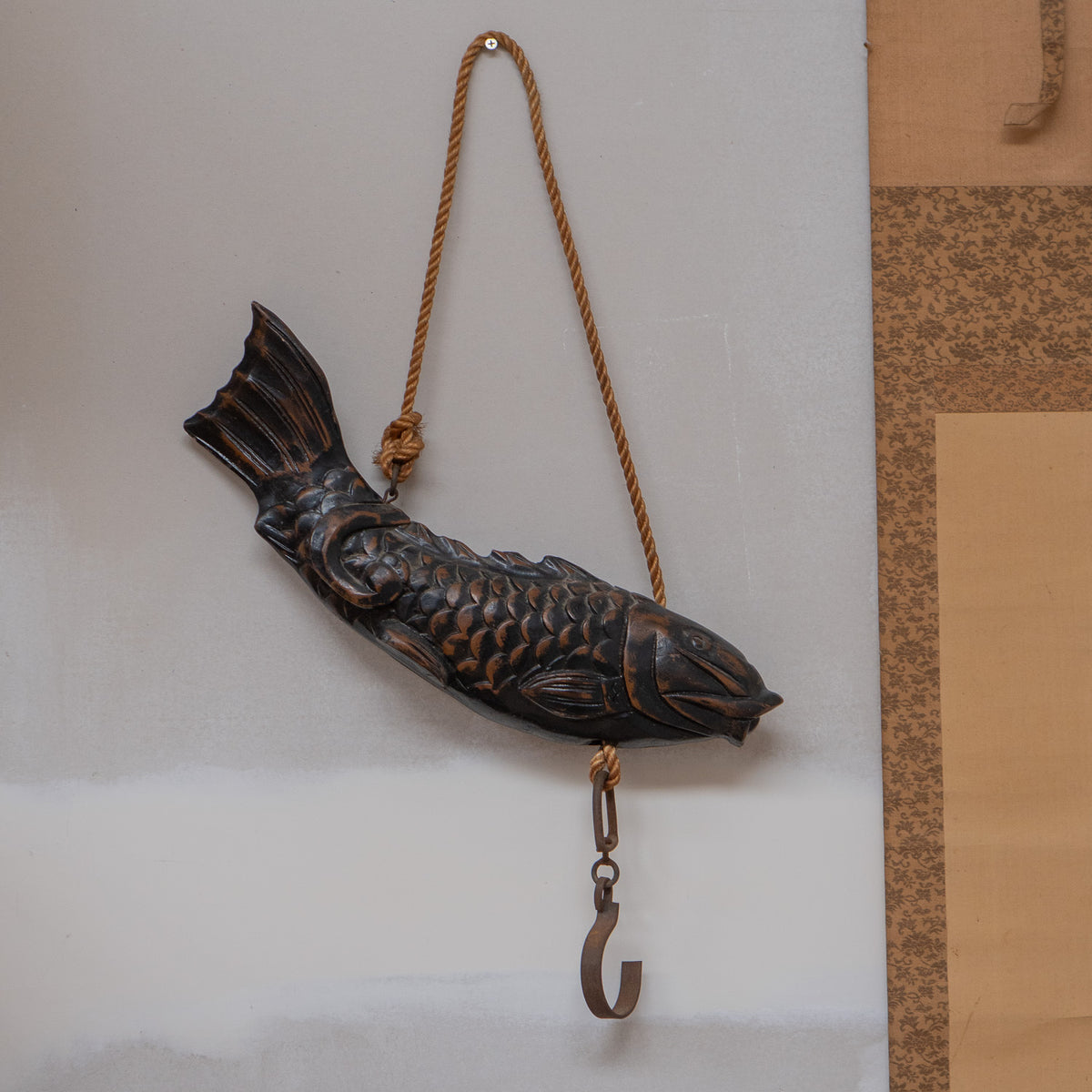 Antique Japanese Jizai Kagi Carved wooden Koi Fish Pot Hook