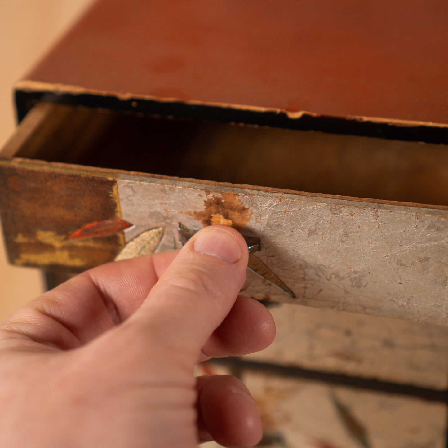 Vintage Japanese Lacquered Haribako Sewing box with Silver Leaf