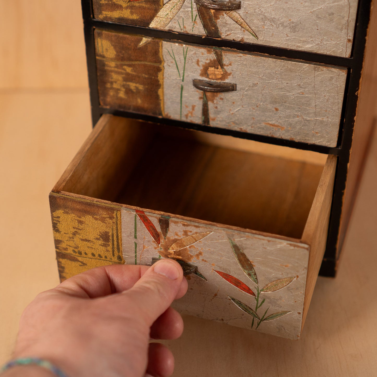 Vintage Japanese Lacquered Haribako Sewing box with Silver Leaf