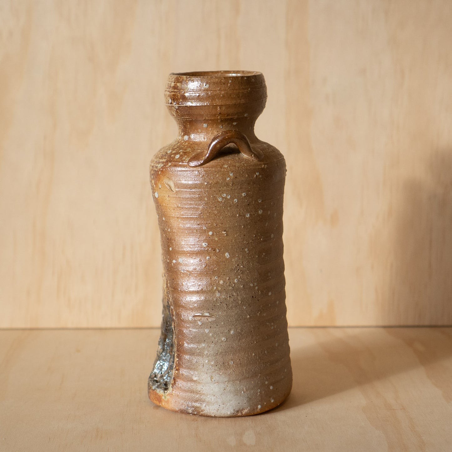 Vintage Japanese Hand made Tall Shigaraki vase with loop handles