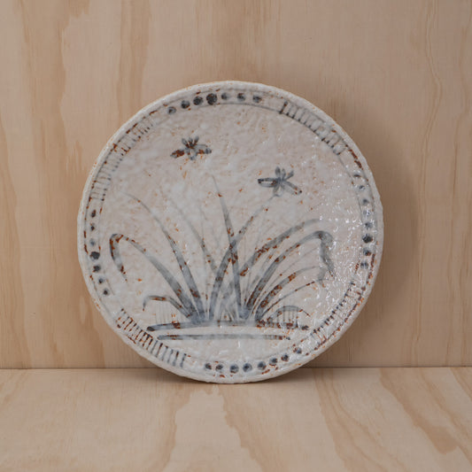 Vintage Japanese Large Shino ware Shaku-Zara serving plate with Iris design