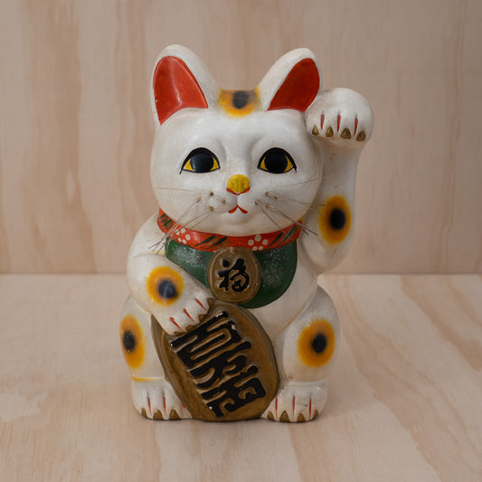 Vintage Japanese White Maneki Neko Lucky Cat - Medium