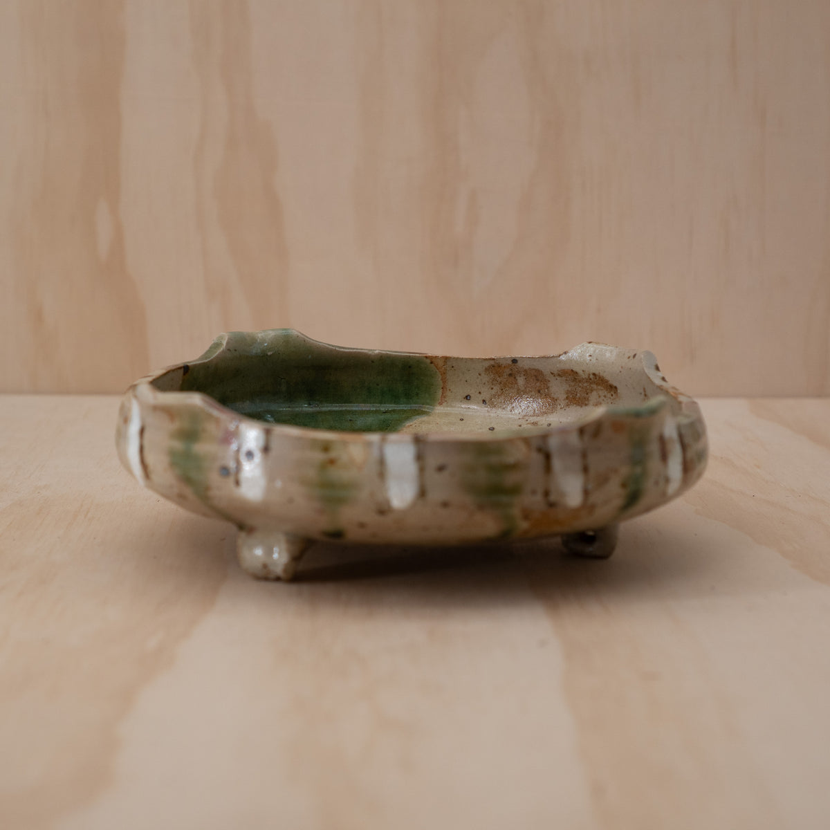 Vintage Japanese Seto ware Oribe footed dish