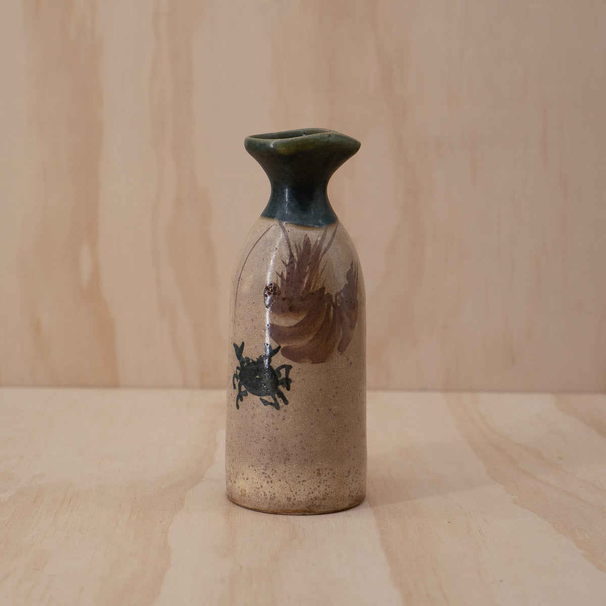 Antique Japanese Oribe Ceramic Tokkuri Sake Bottle with Crab Design