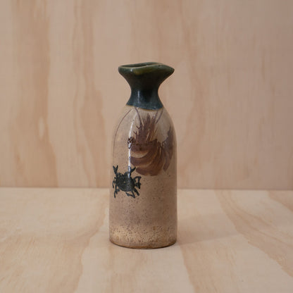 Antique Japanese Oribe Ceramic Tokkuri Sake Bottle with Crab Design