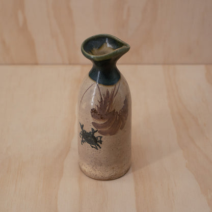 Antique Japanese Oribe Ceramic Tokkuri Sake Bottle with Crab Design