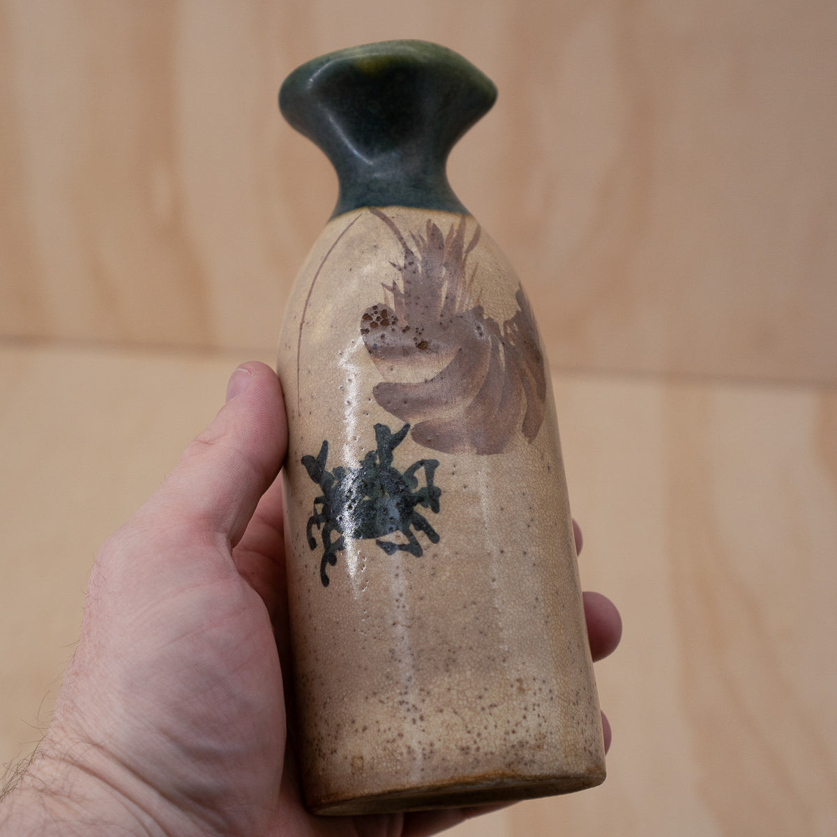Antique Japanese Oribe Ceramic Tokkuri Sake Bottle with Crab Design