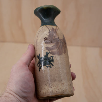 Antique Japanese Oribe Ceramic Tokkuri Sake Bottle with Crab Design