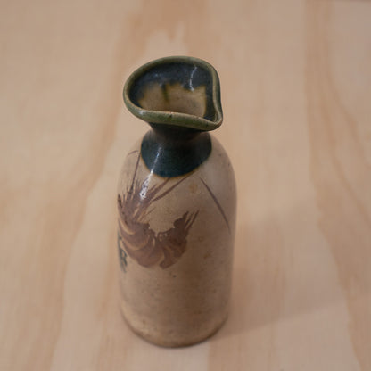 Antique Japanese Oribe Ceramic Tokkuri Sake Bottle with Crab Design