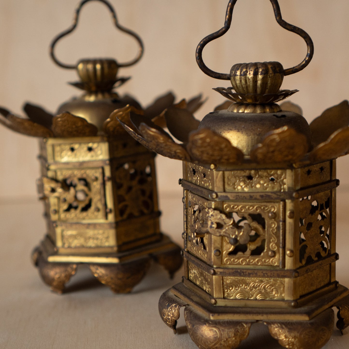 Vintage Japanese Gilt Brass Shrine Lanterns - pair