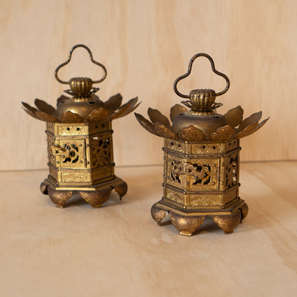 Vintage Japanese Gilt Brass Shrine Lanterns - pair