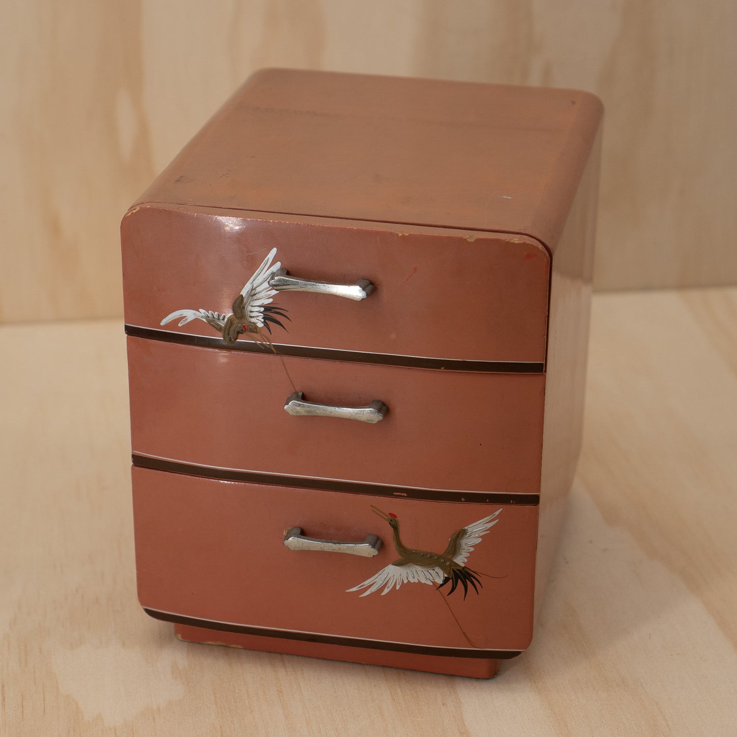 Vintage Early Showa period Japanese small pink lacquer 3 drawer box