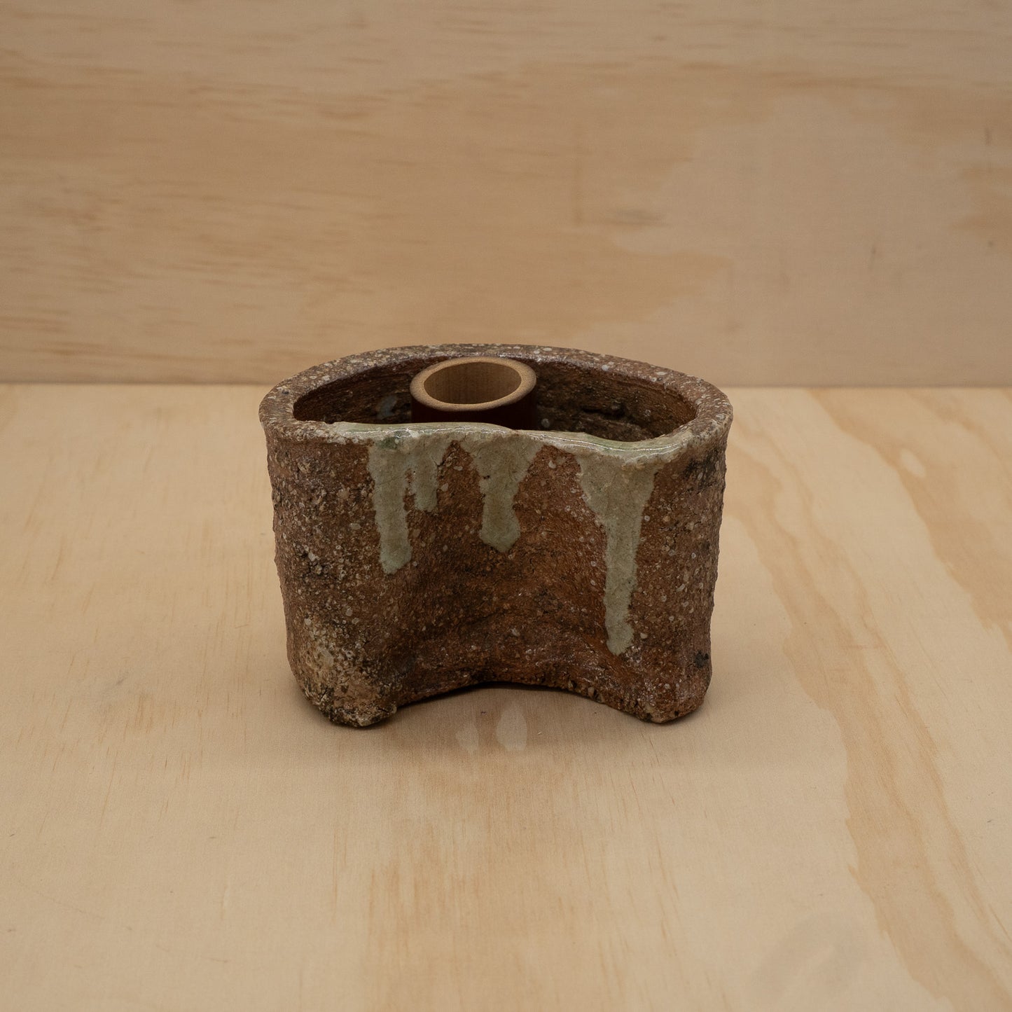 Vintage Japanese ceramic Shigaraki wall vase with bamboo insert