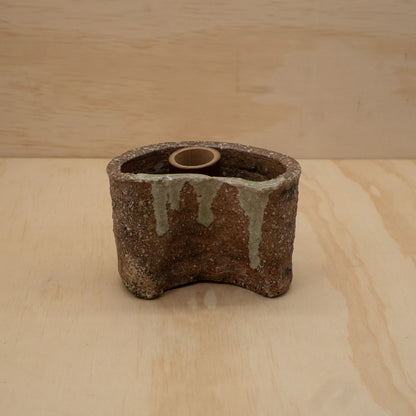 Vintage Japanese ceramic Shigaraki wall vase with bamboo insert