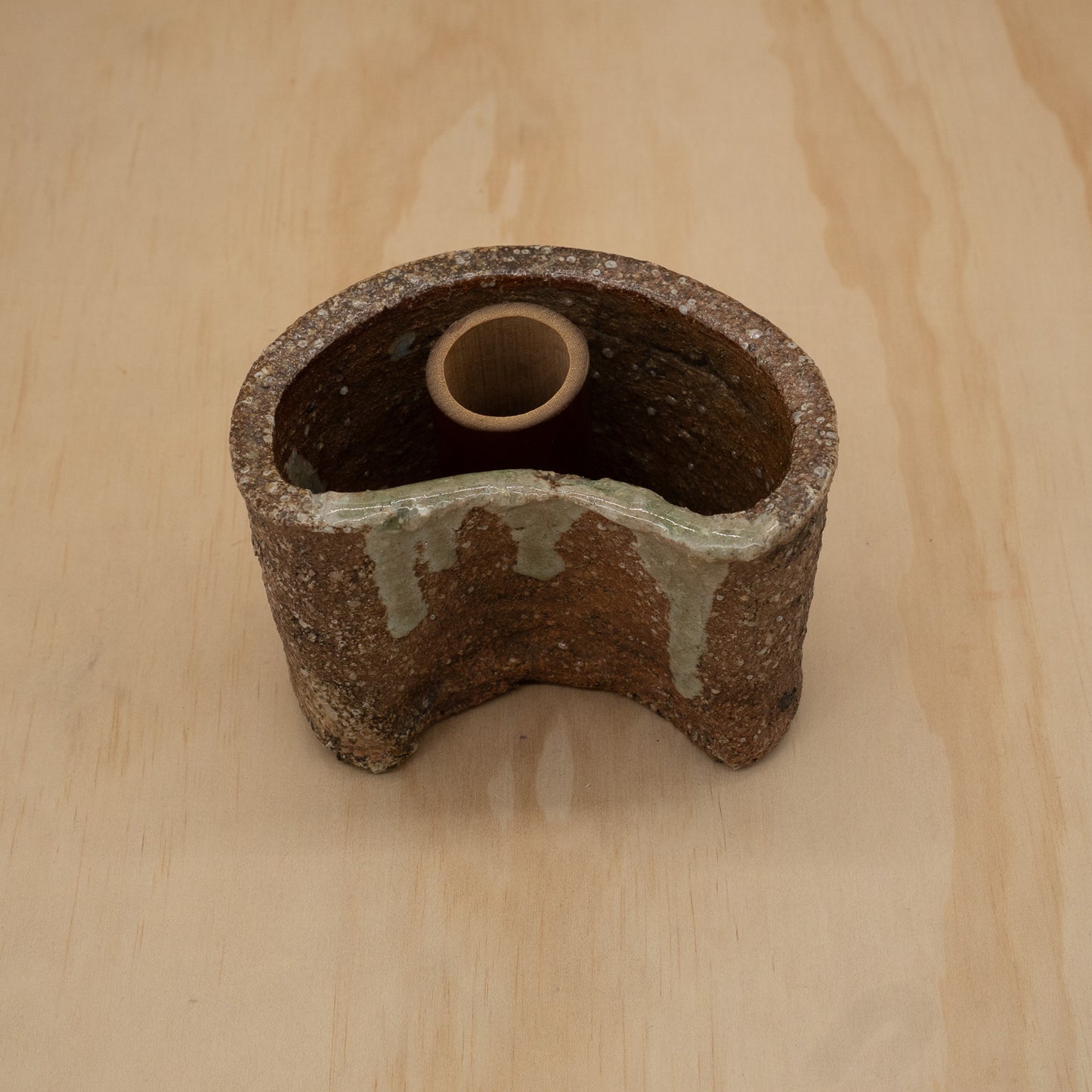 Vintage Japanese ceramic Shigaraki wall vase with bamboo insert