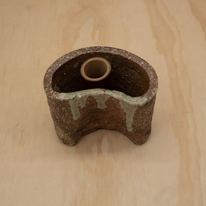 Vintage Japanese ceramic Shigaraki wall vase with bamboo insert