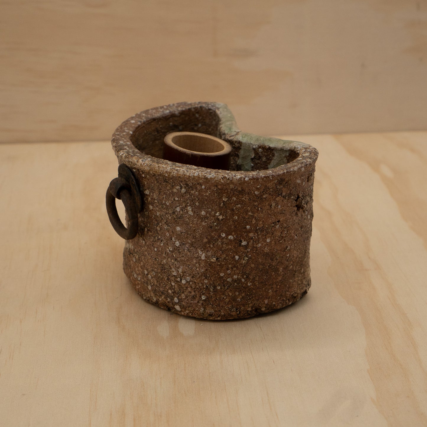 Vintage Japanese ceramic Shigaraki wall vase with bamboo insert
