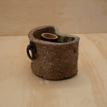 Vintage Japanese ceramic Shigaraki wall vase with bamboo insert