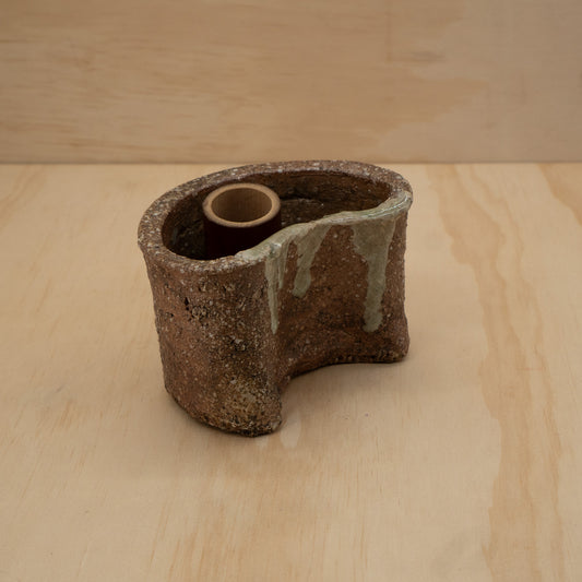Vintage Japanese Ceramic Shigaraki Wall Vase With Bamboo Insert