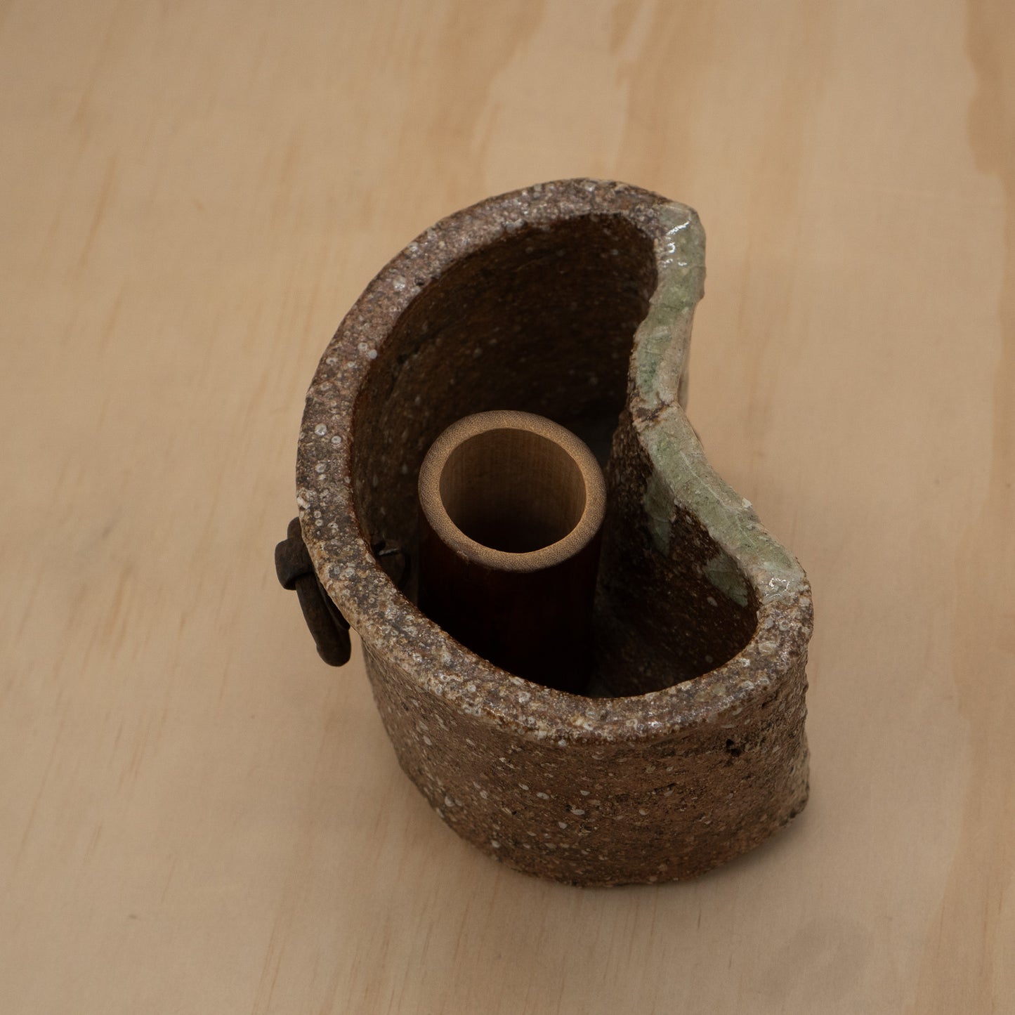 Vintage Japanese ceramic Shigaraki wall vase with bamboo insert