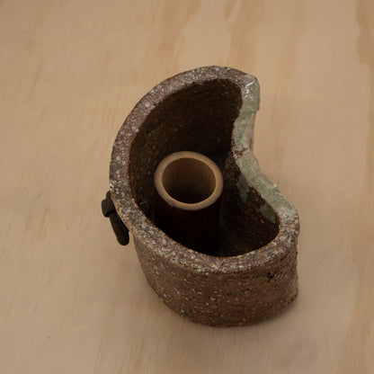 Vintage Japanese ceramic Shigaraki wall vase with bamboo insert