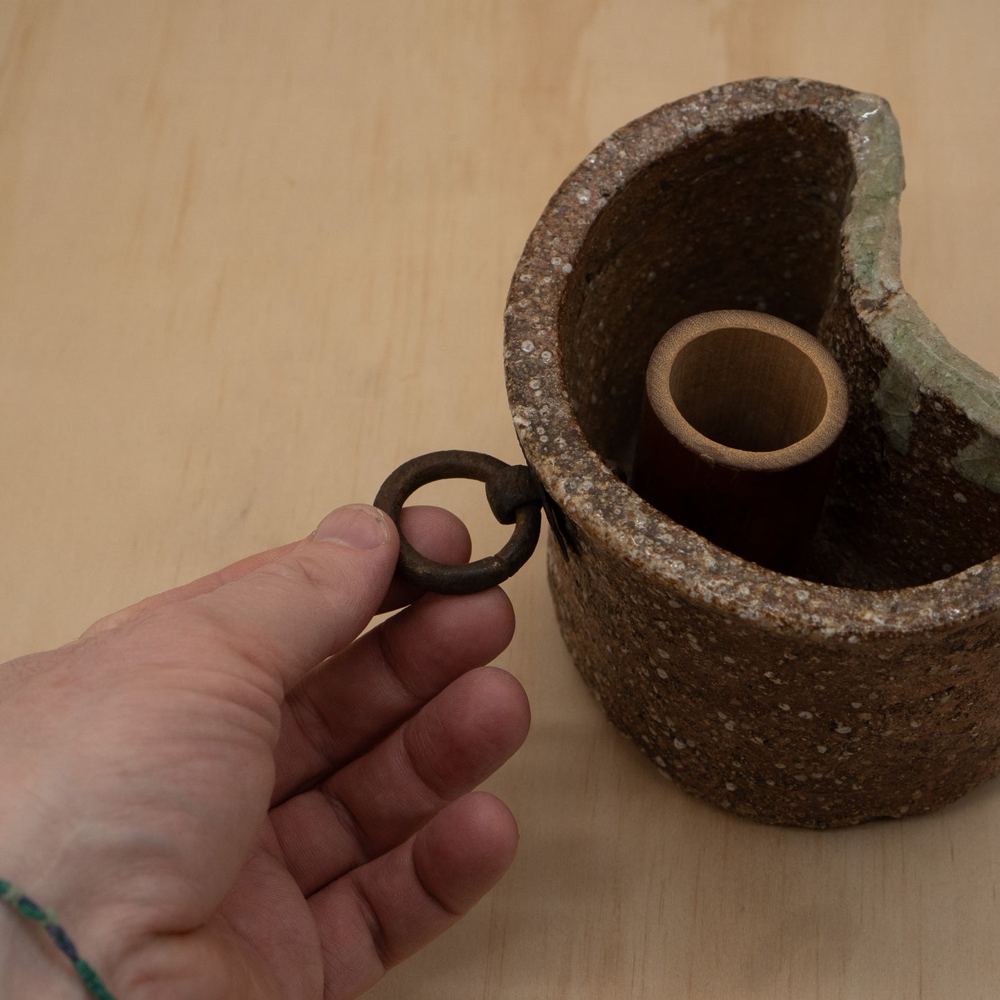 Vintage Japanese ceramic Shigaraki wall vase with bamboo insert