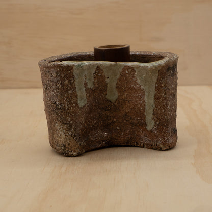 Vintage Japanese ceramic Shigaraki wall vase with bamboo insert