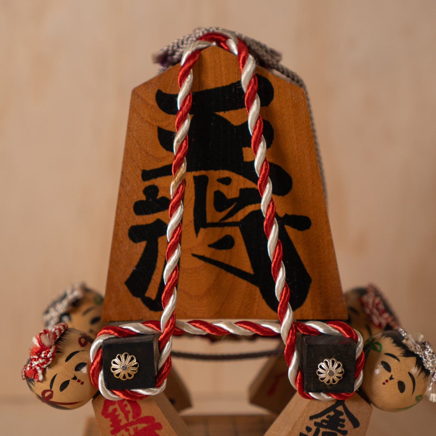 Vintage Japanese Folk Art Sculpture - Kokeshi holding giant Shogi Chess piece