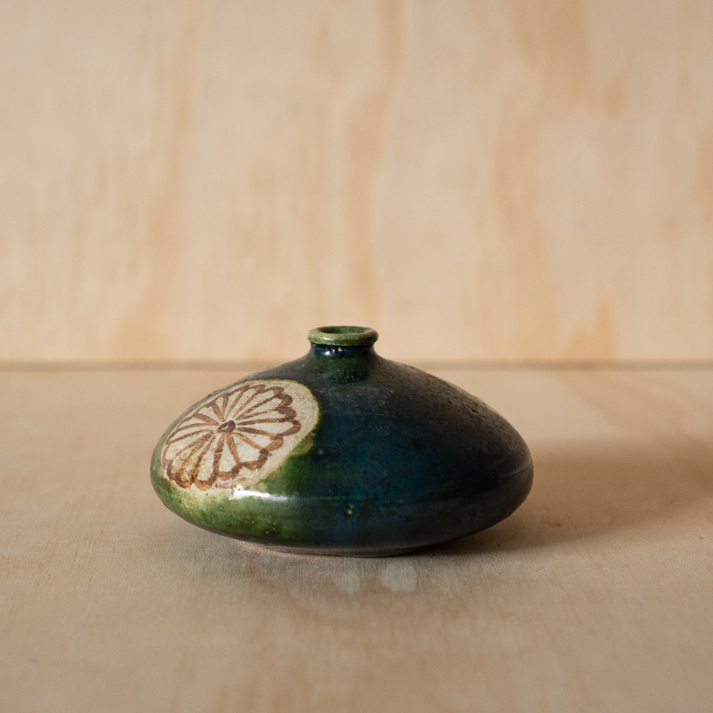 Vintage Japanese small Ceramic Oribe Squat vase
