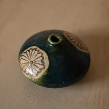 Vintage Japanese small Ceramic Oribe Squat vase