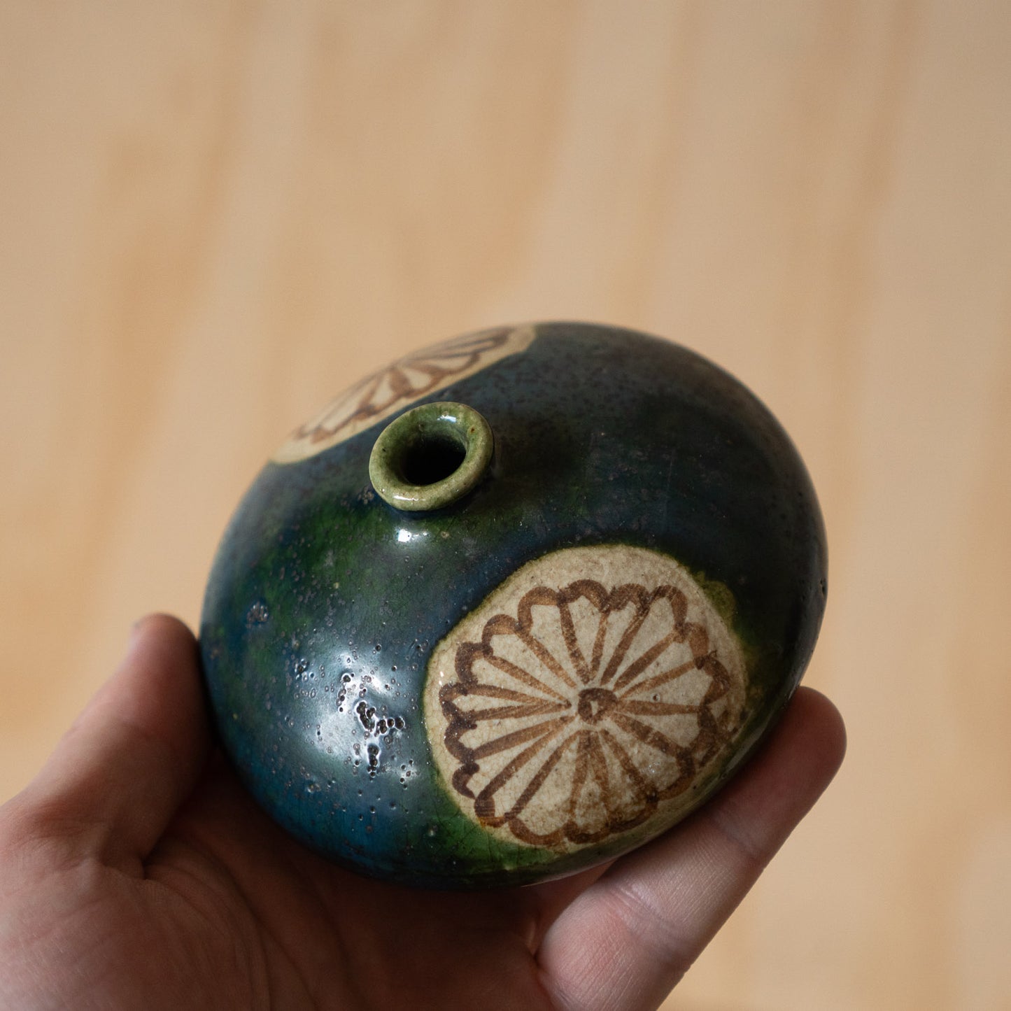 Vintage Japanese small Ceramic Oribe Squat vase