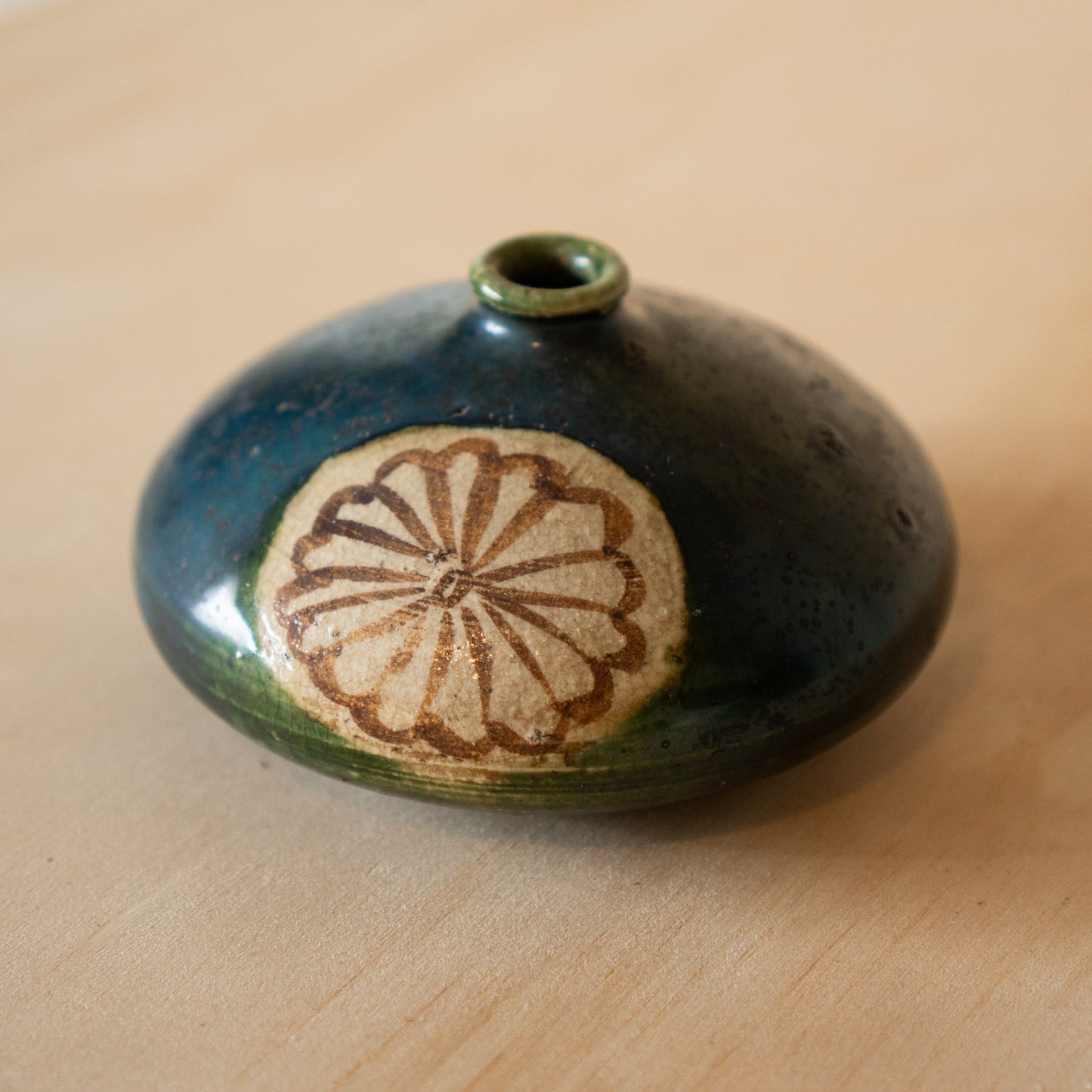Vintage Japanese small Ceramic Oribe Squat vase