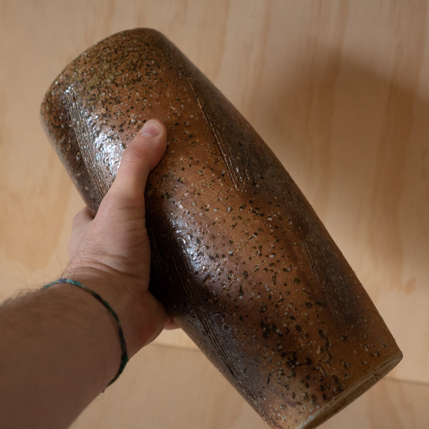 Vintage Japanese Tall Shigaraki vase with Comb pattern