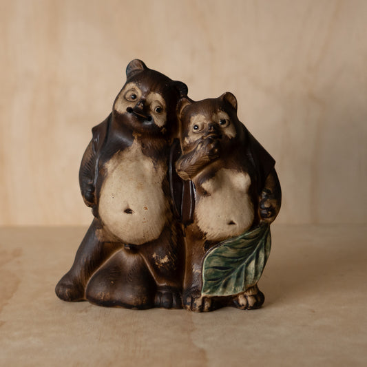 Vintage Japanese Ceramic Tanuki Couple Statue