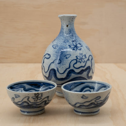 Vintage Japanese Sake bottle and 2 cup set - Waves and Cherry Blossoms