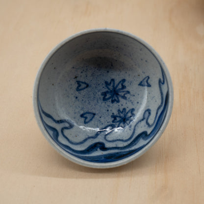 Vintage Japanese Sake bottle and 2 cup set - Waves and Cherry Blossoms