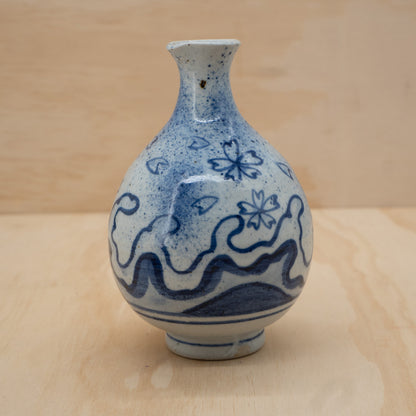 Vintage Japanese Sake bottle and 2 cup set - Waves and Cherry Blossoms