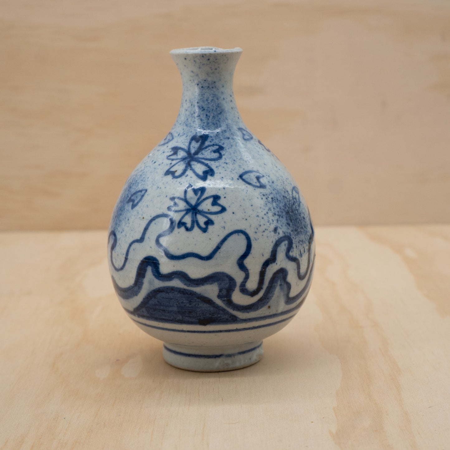 Vintage Japanese Sake bottle and 2 cup set - Waves and Cherry Blossoms