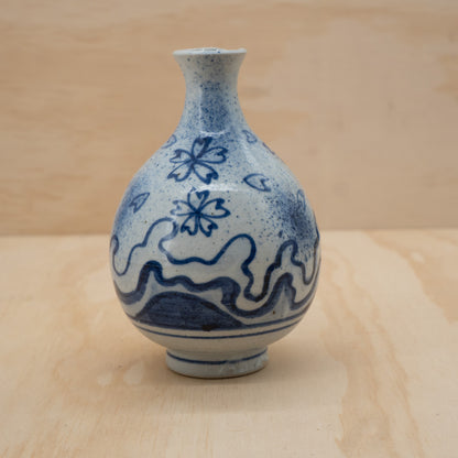 Vintage Japanese Sake bottle and 2 cup set - Waves and Cherry Blossoms
