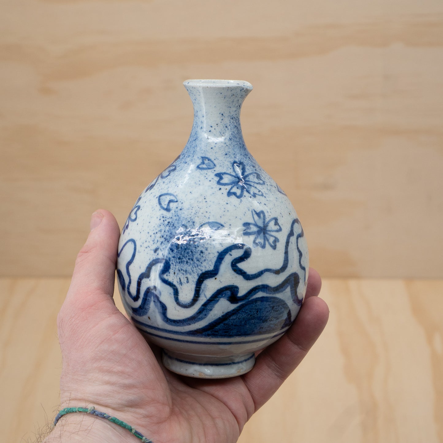 Vintage Japanese Sake bottle and 2 cup set - Waves and Cherry Blossoms